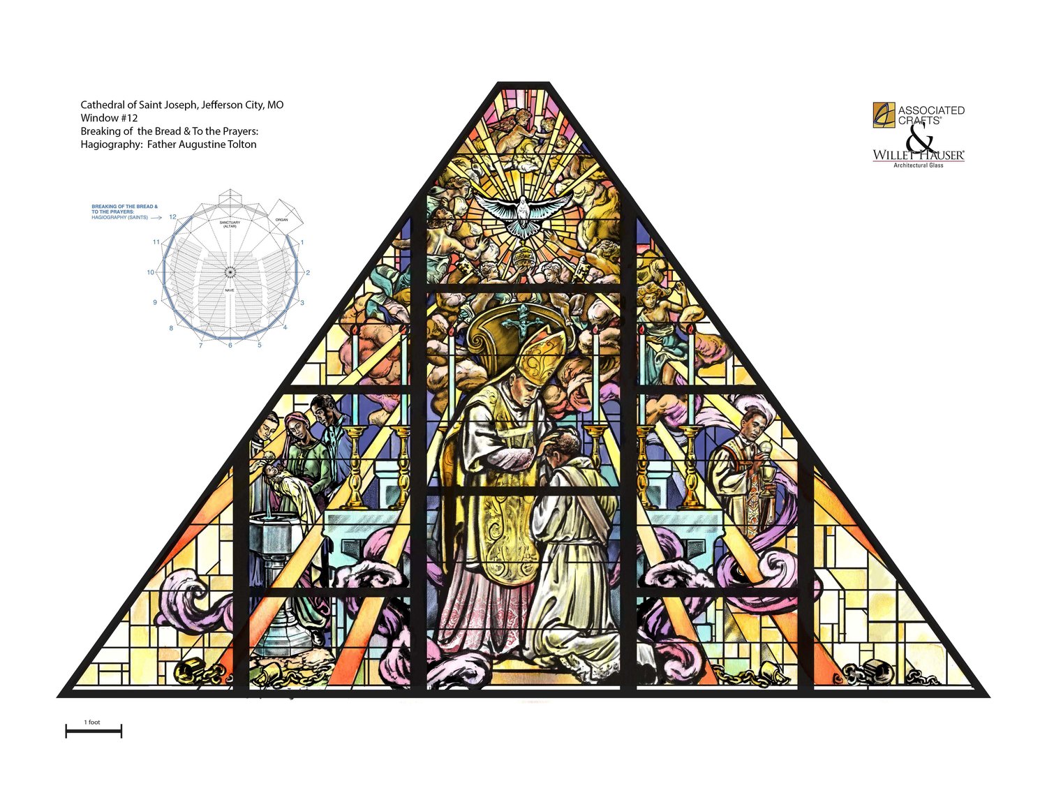 This is the final design from which artisans created the window depicting the Baptism, priestly ordination and First Solemn Mass of Venerable Father Augustus Tolton, who was born into slavery in northeastern Missouri and grew up to become the Roman Catholic Church's first recognizably Black priest in the United States.